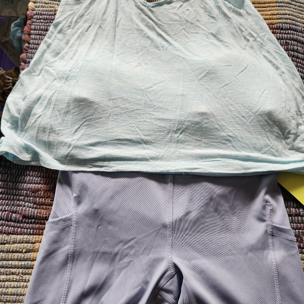 Euc Light Blue Tank Top Paired W/A Pr Nwt All In Motion Lavender Biker Shorts
